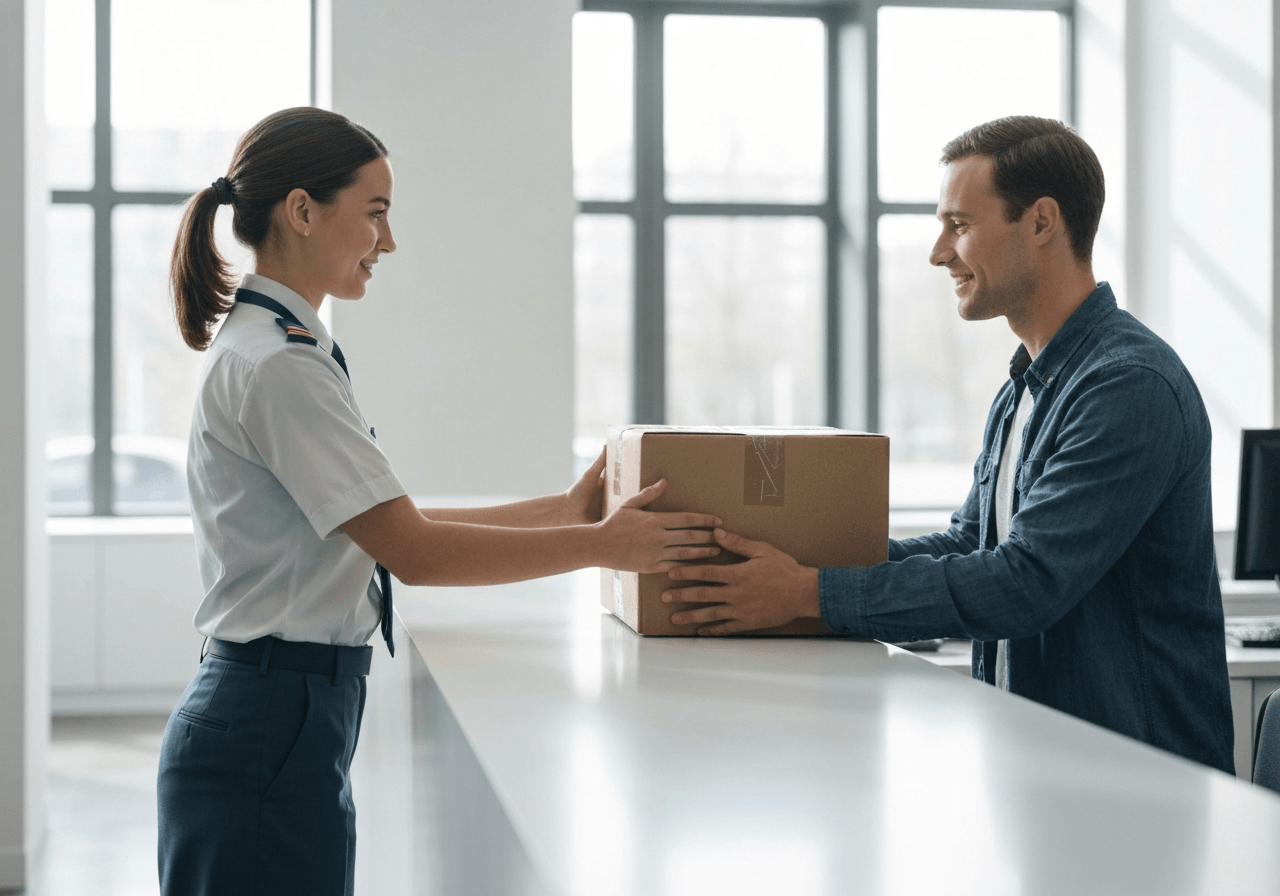 A professional postal clerk assisting a client at a clean, modern service counter, bright interior, soft natural light, editorial photography style, 85mm lens, highly detailed, no text, no words, no letters.