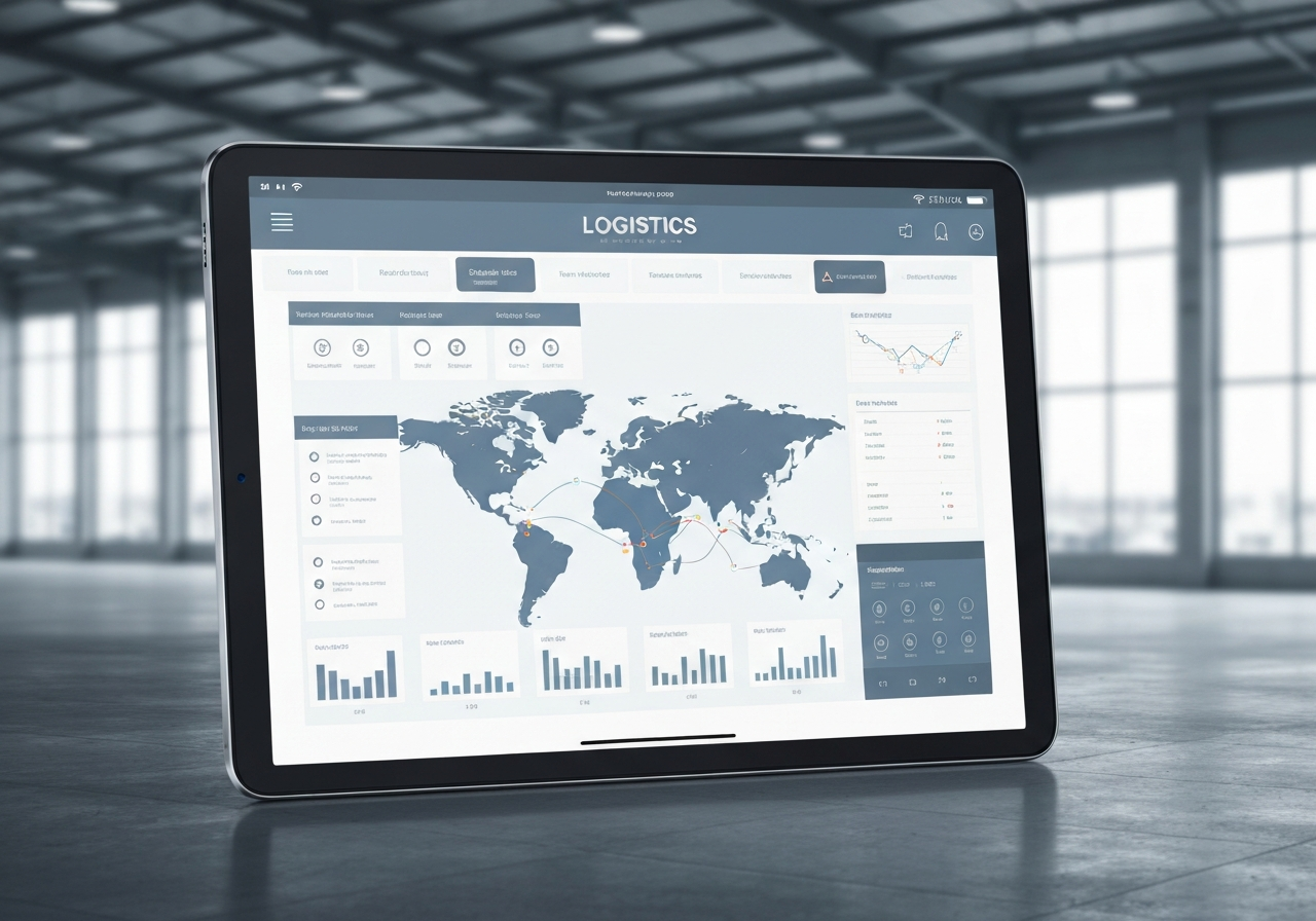 A high-tech logistics dashboard displayed on a sleek tablet screen showing global shipping routes and real-time tracking data, blurred modern warehouse background, professional editorial aesthetic, soft cool ambient lighting, 85mm lens, highly detailed, no text, no letters
