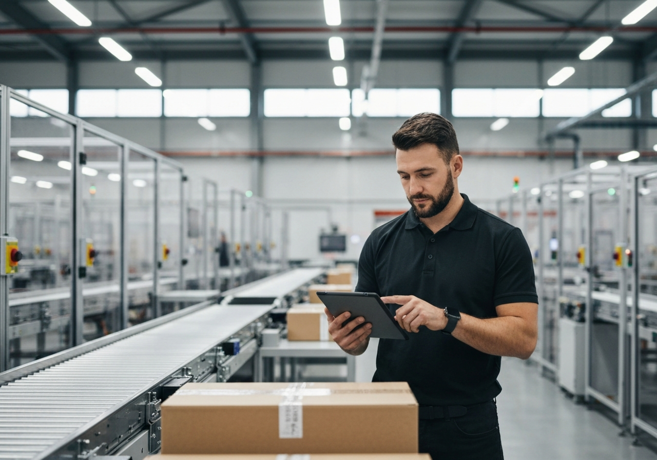 A professional logistics worker using a tablet to process a parcel shipment in a clean, modern automated facility, soft natural light, depth of field, 85mm lens, high-end editorial aesthetic, no text, no words, no letters