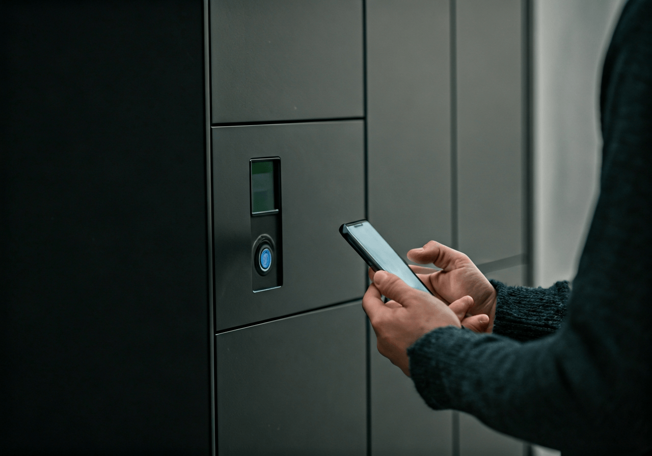 A person holding a smartphone near a sleek automated parcel locker in a modern, clean urban environment, high-tech logistics aesthetic, soft natural light, shallow depth of field, 85mm lens, professional editorial style, no text, no words, no letters.