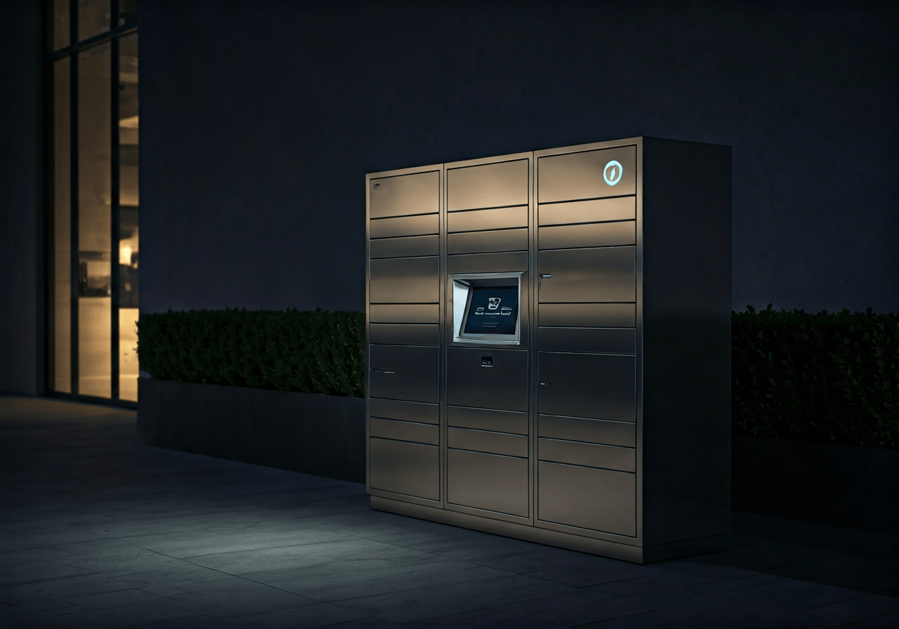 A modern, minimalist Z-BOX automated parcel locker station at dusk, glowing interface, sleek metal design, editorial photography, high-end urban setting, soft ambient lighting, 85mm lens, depth of field, no text, no words, no letters.