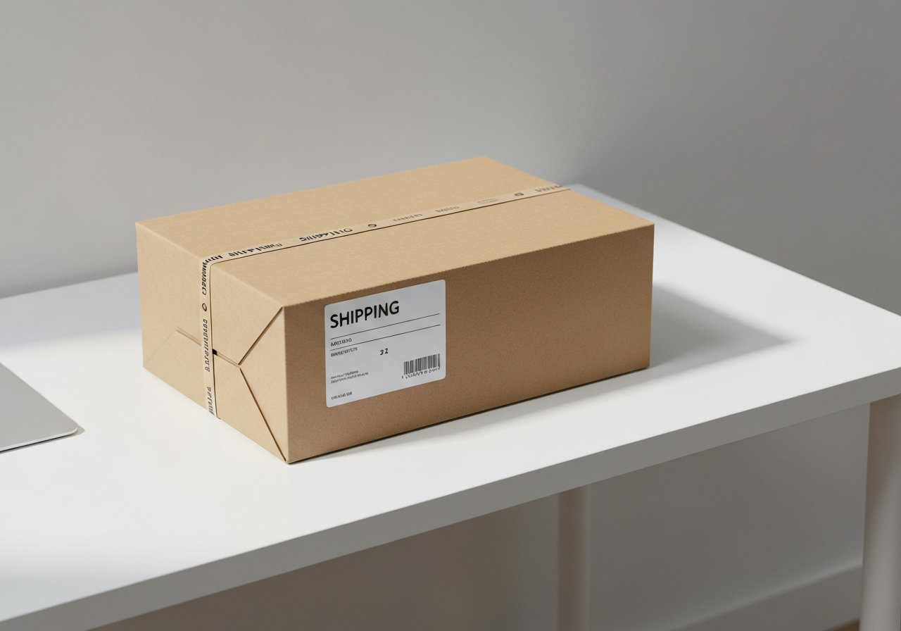 A high-quality shipping package on a clean, white minimalist desk with a shipping label clearly visible, modern editorial style, soft natural light, 85mm lens, high resolution, no text, no words, no letters