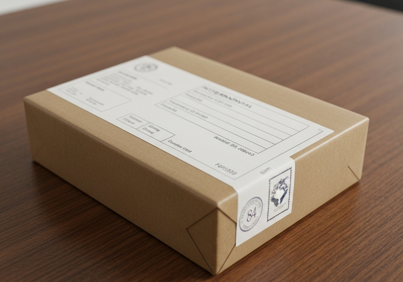 A professional parcel ready for international shipping on a clean wooden table, macro shot of a clearly written address label with a stamp, modern desk aesthetic, editorial photography, soft natural light, 85mm lens, high resolution, no text, no words, no letters.