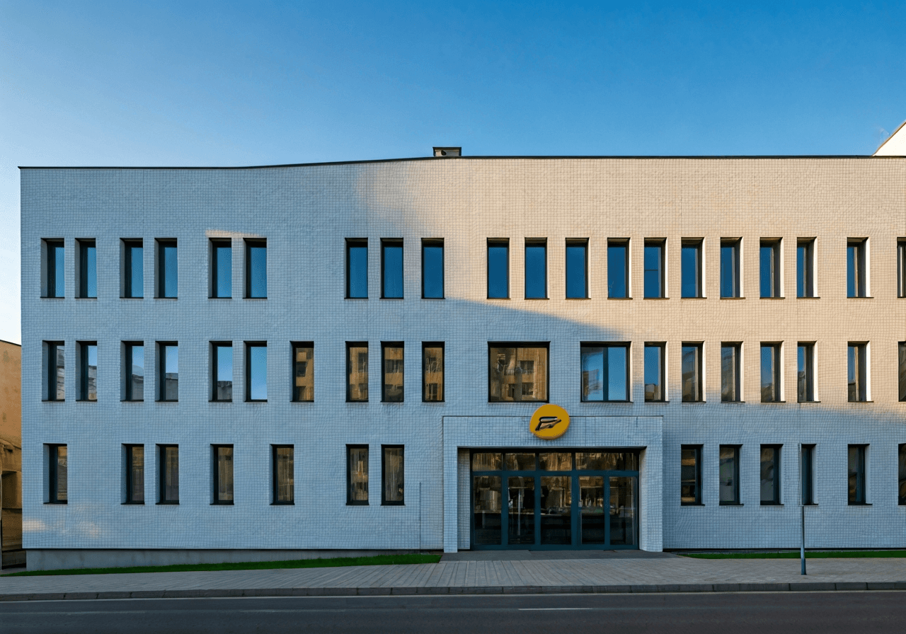 Editorial photography, the exterior of a modern Czech Post office building in Mohelnice, clean architectural lines, soft natural daylight, 85mm lens, high resolution, no text, no words, no letters