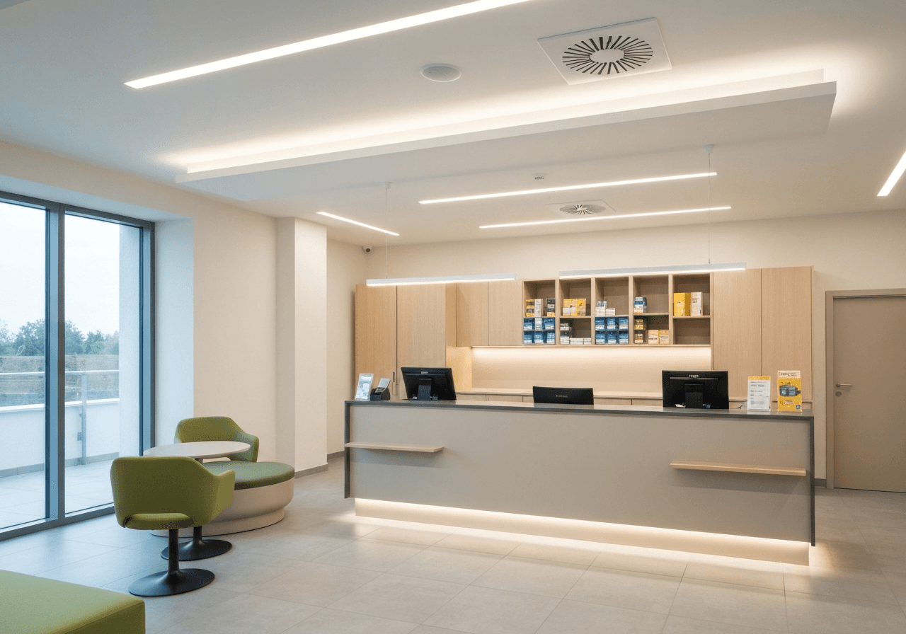 A professional shot of a modern, clean postal branch interior in Mohelnice, neutral color palette, architectural photography, soft natural light, 85mm lens, high resolution, no text, no words, no letters