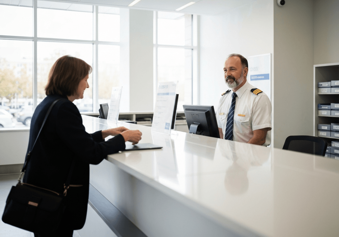 Editorial photography, modern post office counter with a professional clerk assisting a customer, clean bright interior, soft natural light, 85mm lens, high quality, no text, no words, no letters
