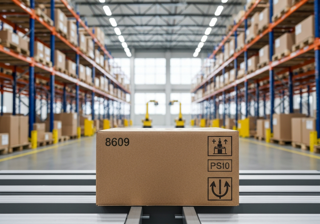 A professional logistics warehouse environment with a neatly organized package ready for international shipping, modern clean aesthetic, soft natural light, shallow depth of field, 85mm lens, highly detailed, no text, no letters