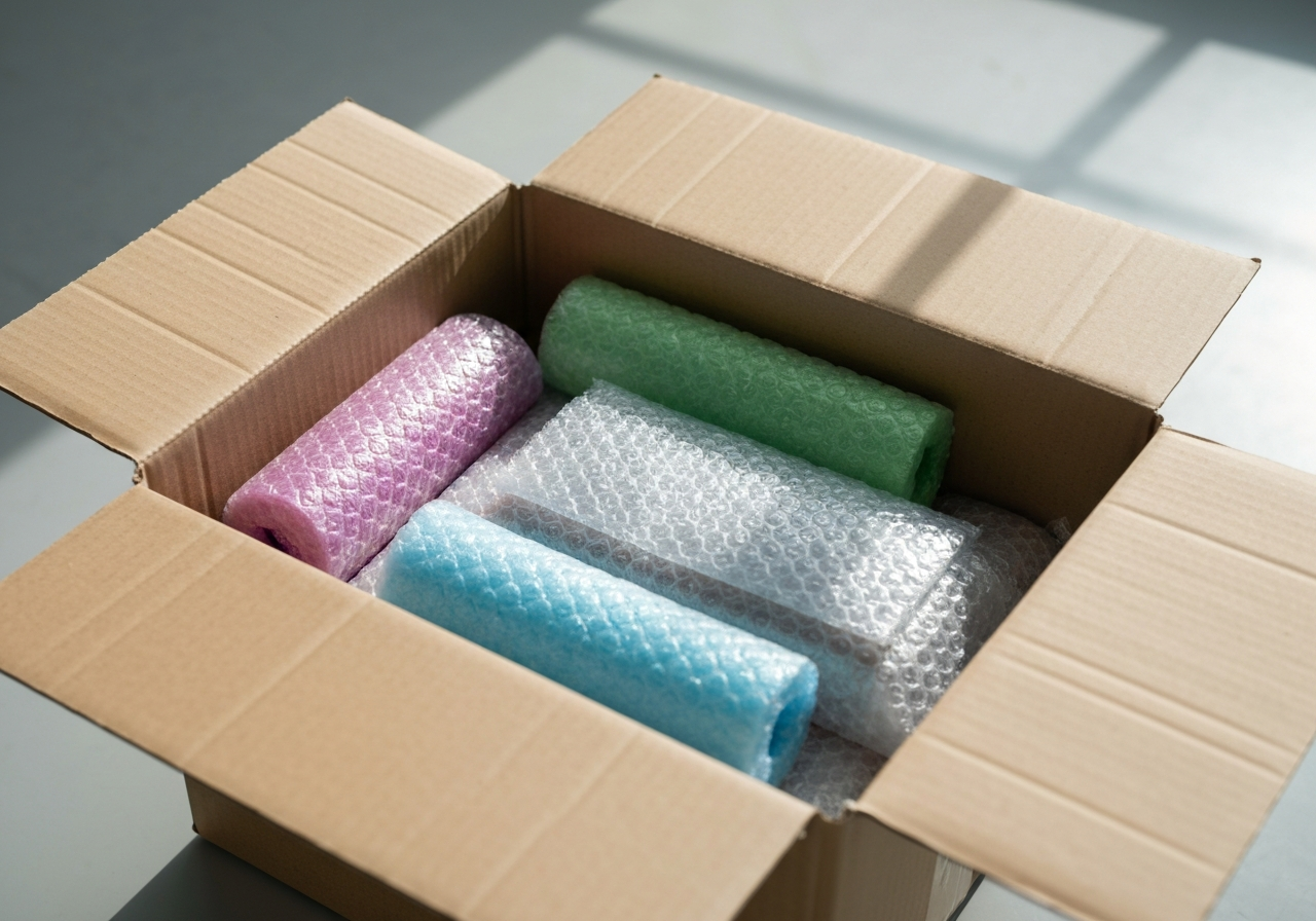 High-angle professional shot of a parcel being packed with protective air cushions and bubble wrap inside a reinforced cardboard box, modern industrial warehouse background, clean minimalist aesthetic, soft natural lighting, 85mm lens, highly detailed, no text, no letters