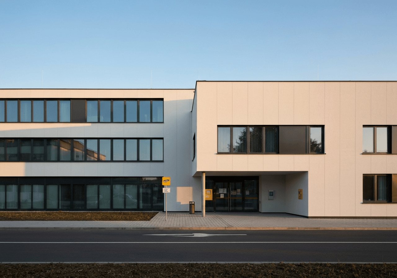 A professional exterior shot of a modern, clean Czech post office building during a clear day, warm natural light, architectural photography, 85mm lens, high resolution, no text, no words, no letters.