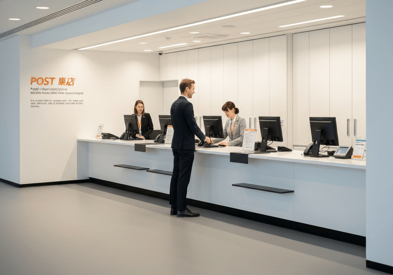 Editorial photography, a professional customer service counter at a modern post office, blurred background with organized logistics environment, soft natural light, 85mm lens, high quality, minimalist aesthetic, no text, no words, no letters