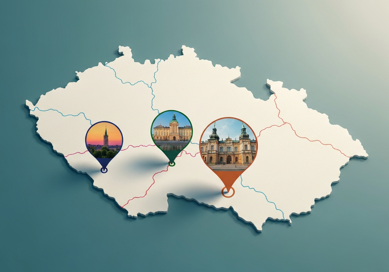 Aerial view of a stylized map of the Czech Republic highlighting two distinct points, clean infographic style, editorial design, soft natural lighting, 85mm lens, high resolution, no text, no letters