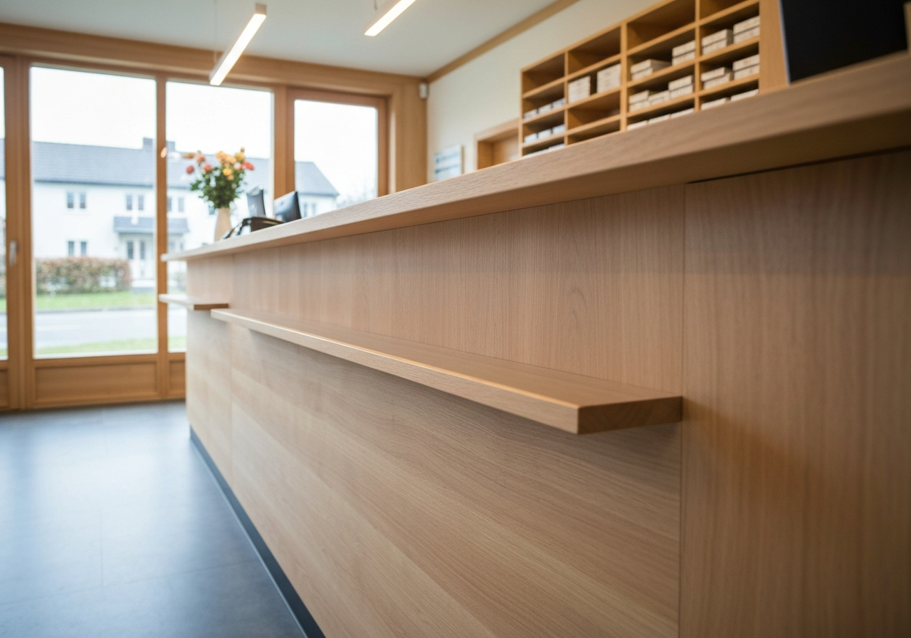 A professional, modern post office counter in a small village, clean wooden textures, warm and inviting atmosphere, soft natural light, 85mm lens, depth of field, high-end editorial photography style, no text, no words, no letters