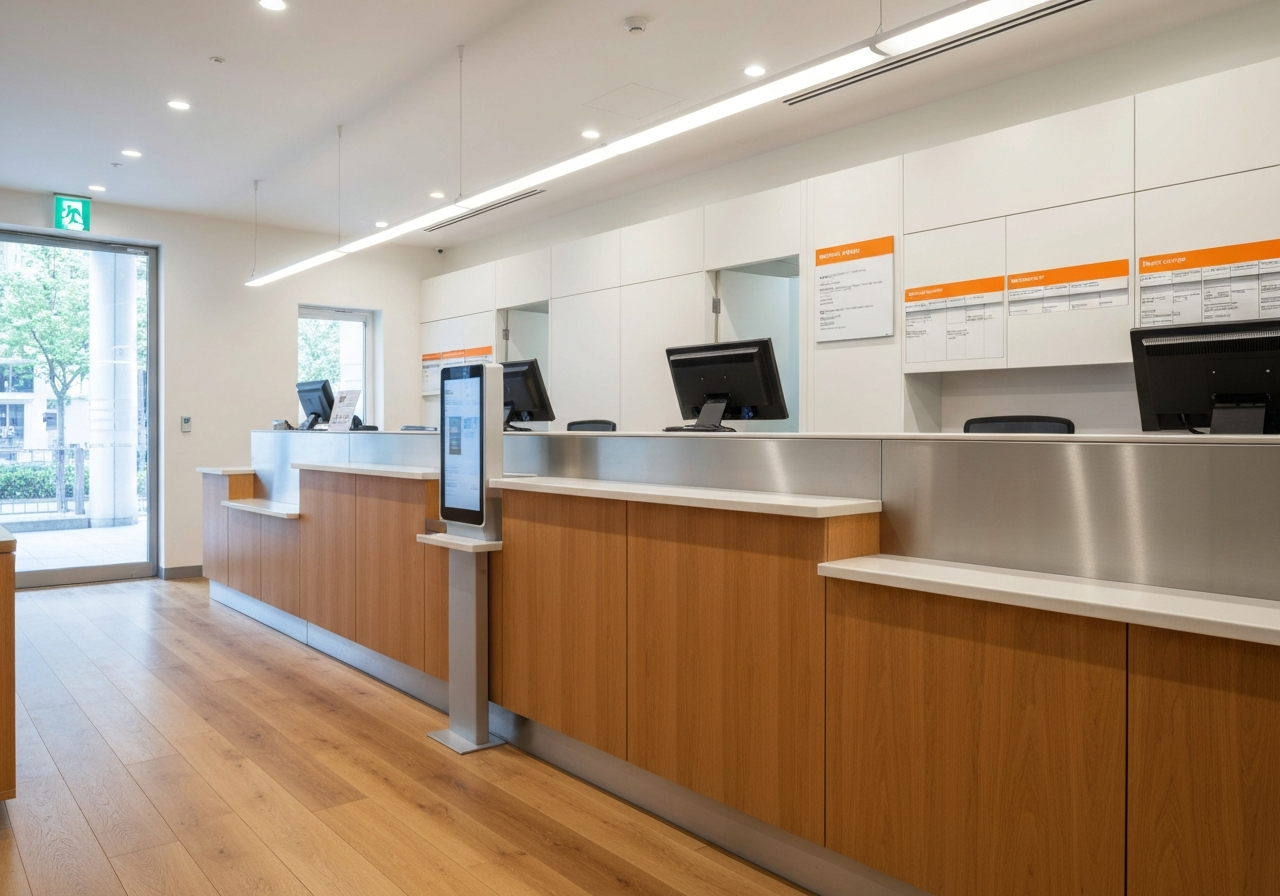 A professional, modern post office interior, clean wooden counter with digital queue management system, bright and airy environment, editorial photography, soft natural light, 85mm lens, highly detailed, no text, no words, no letters