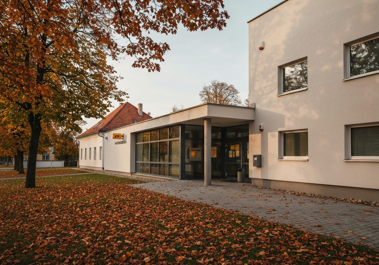 Exterior view of a modern post office building in a small Czech town, clean facade, autumn atmosphere, soft natural light, editorial photography style, 85mm lens, high resolution, no text, no letters