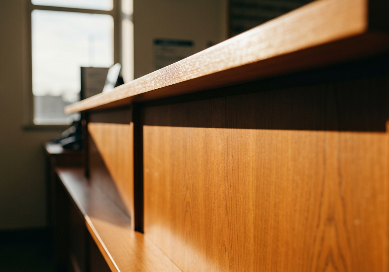 A close-up, high-quality editorial shot of a clean, organized post office counter with a wooden texture, soft morning sunlight streaming through a window creating a peaceful atmosphere, shallow depth of field, 85mm lens, professional photography, no text, no letters