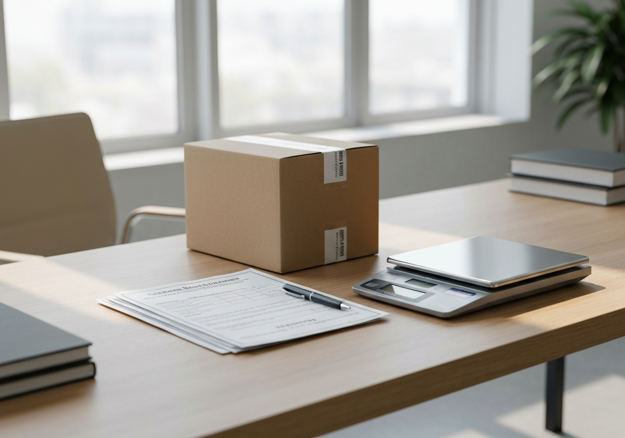 A professional shipping desk with a cardboard parcel, customs declaration documents, a pen and a digital scale, clean modern office environment, high-end editorial aesthetic, soft natural light, 85mm lens, depth of field, no text, no words, no letters
