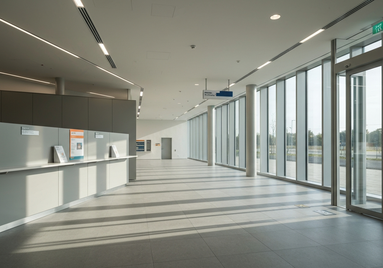 Pošta Přerov: Funguje bez čekání? (Test 2026) 2 A sleek, modern post office interior with clean lines and minimalist signage, bright morning light streaming through windows, architectural photography, premium aesthetic, 85mm lens, no text, no words, no letters