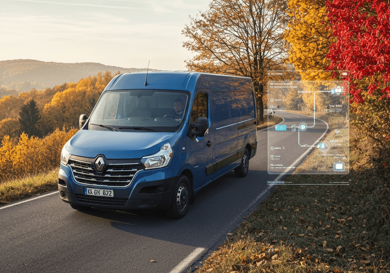 Geis Depo Jihlava: Kompletní přehled služeb (Recenze) 3 A professional logistics delivery van navigating through a scenic, winding road in the hilly Vysočina region during autumn, modern technology interface overlaying the delivery process, editorial style, sharp focus, 85mm lens, soft natural morning light, no text, no words.