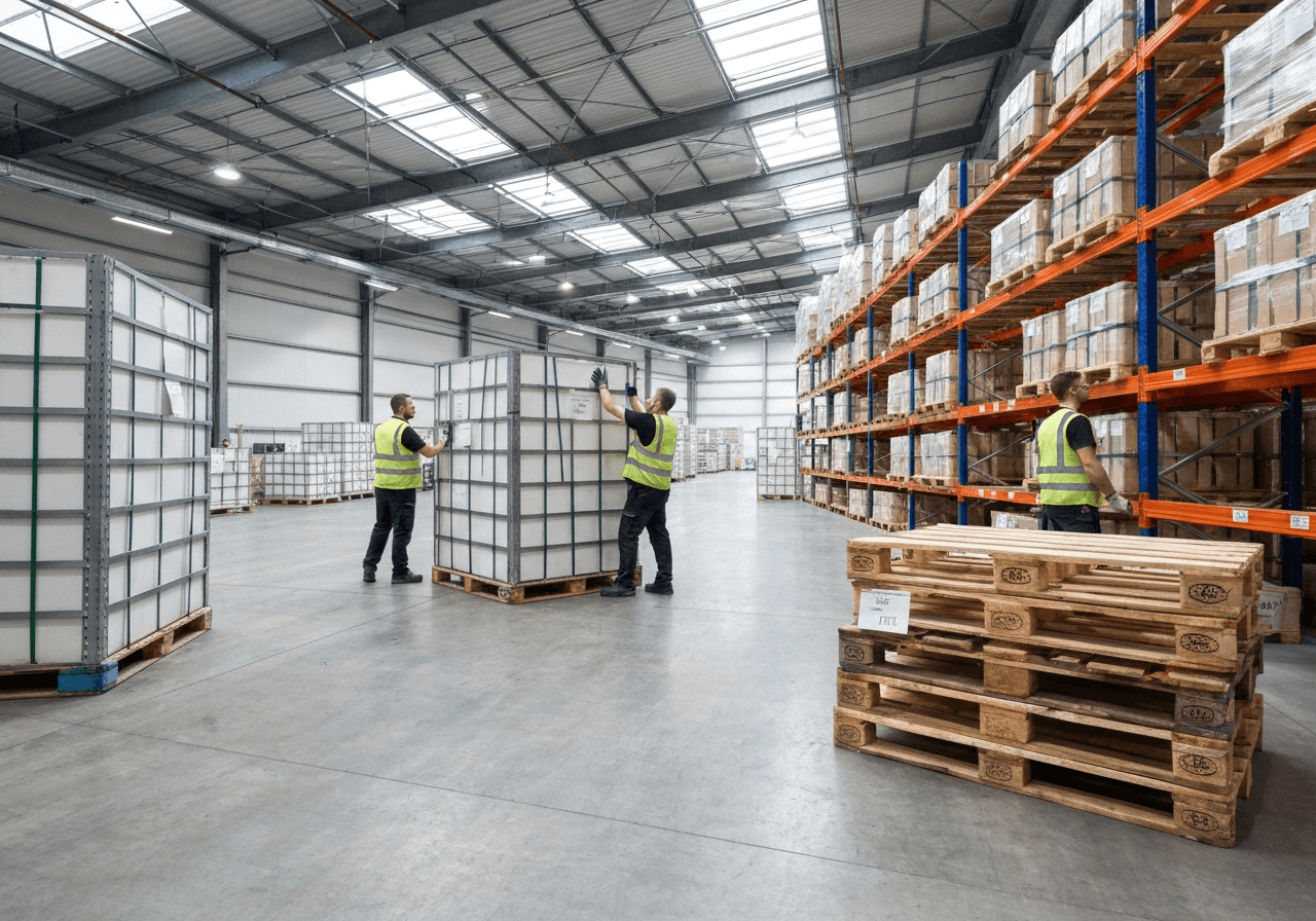 A professional logistics warehouse setting with heavy industrial pallets and large crates being carefully managed, modern clean aesthetic, editorial photography, soft natural industrial light, 85mm lens, high focus, no text, no words, no letters