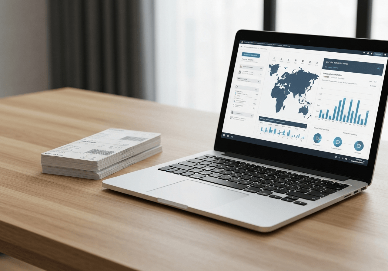 A close-up, high-end editorial shot of a sleek modern laptop displaying a logistics dashboard next to a stack of shipping labels on a minimalist wooden desk, soft natural light, 85mm lens, depth of field, no text, no words, no letters.