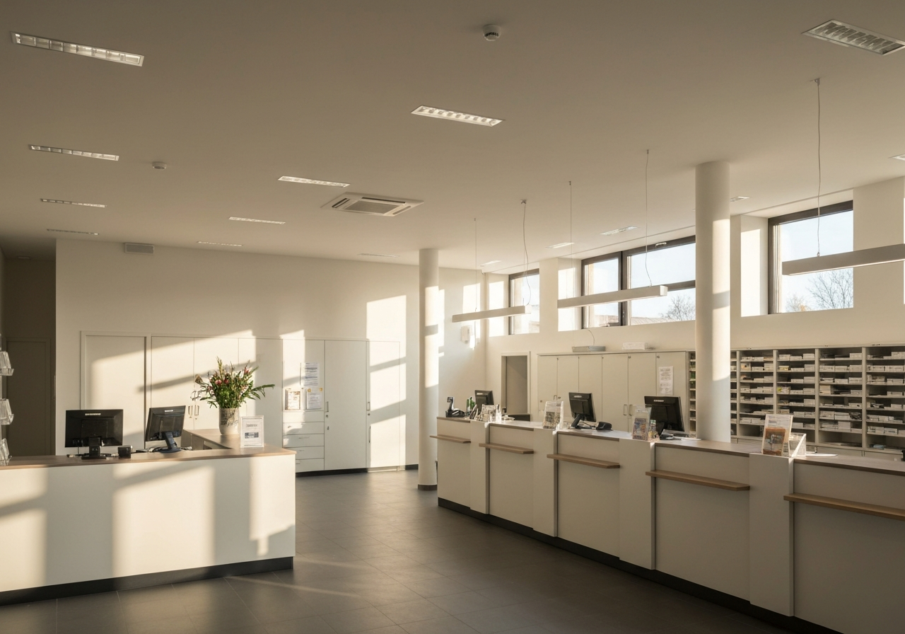 A high-angle editorial shot of a modern Czech post office interior in Klášterec nad Ohří, clean architecture, organized counters, soft natural morning light streaming through windows, professional and minimalist aesthetic, 85mm lens, high resolution, no text, no letters.
