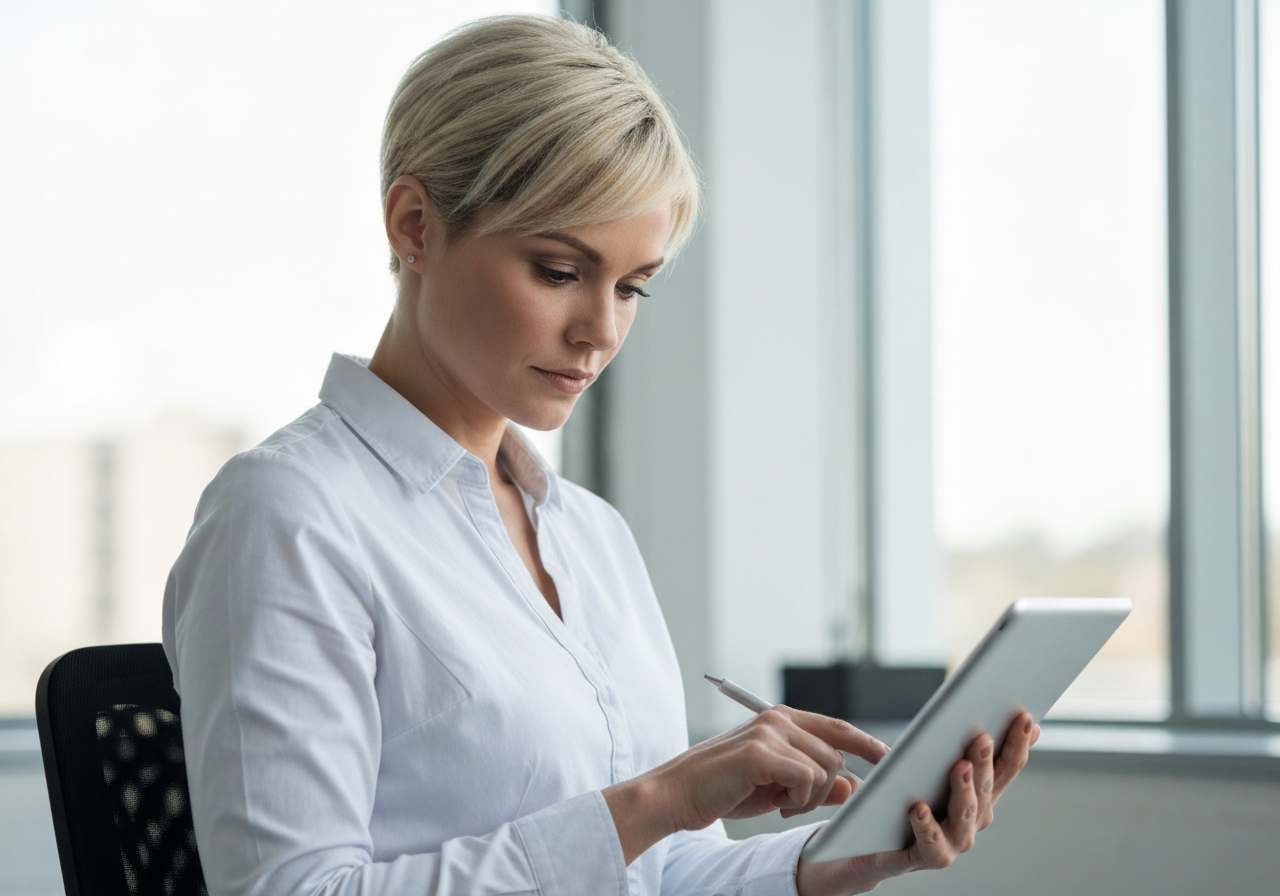 A professional logistics analyst reviewing digital customer feedback on a clean, modern tablet, shallow depth of field, neutral office background, soft natural light, 85mm lens, editorial photography, no text, no words, no letters.