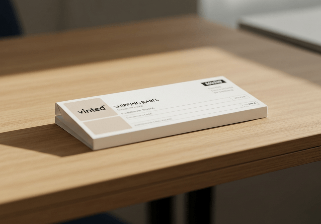 A close-up shot of a smartphone screen showing a Vinted shipping label, minimalist modern wooden desk background, soft natural sunlight, premium editorial aesthetic, 85mm lens, no text, no letters.