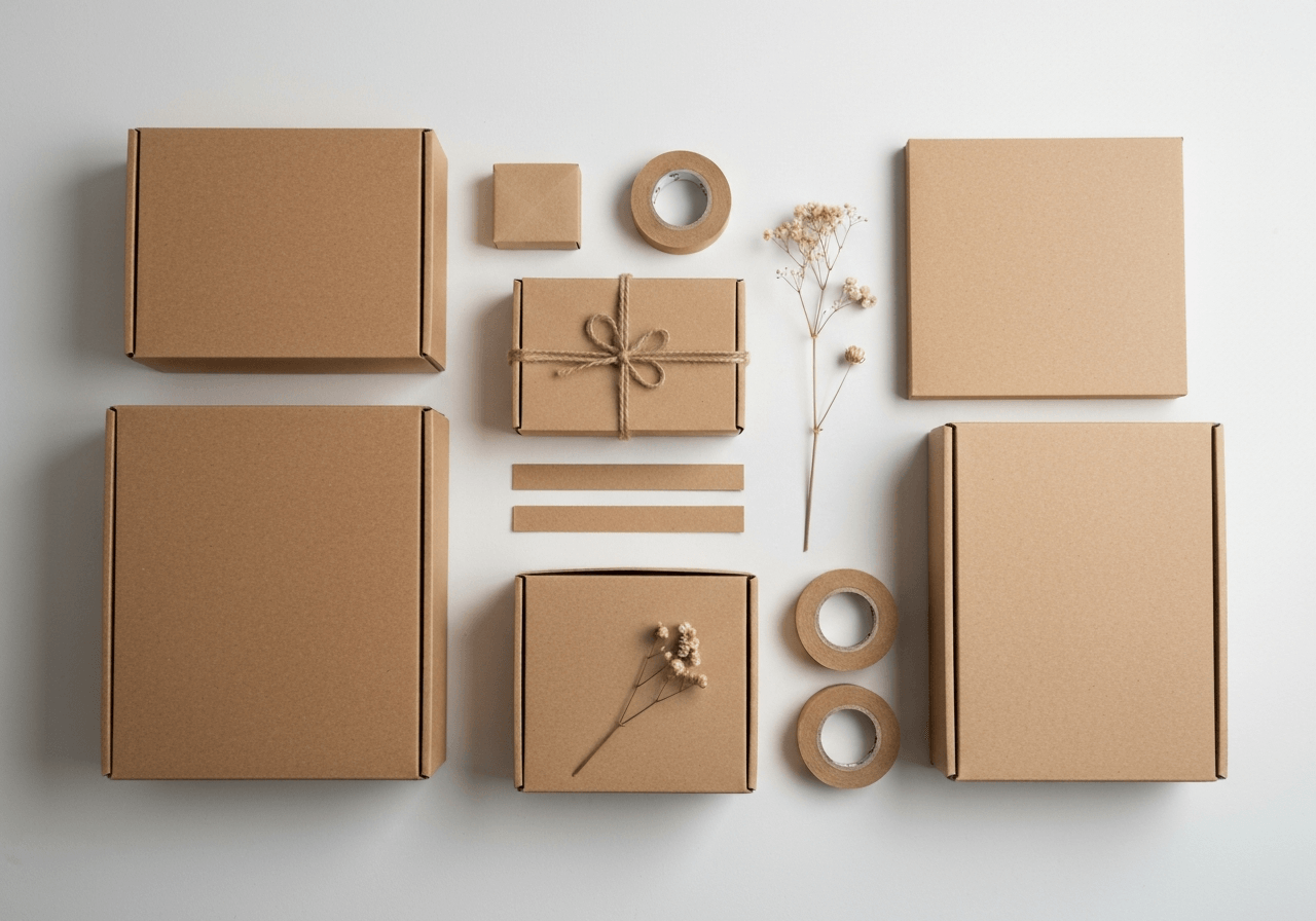 Flat lay of eco-friendly shipping materials including recycled cardboard boxes, paper tape, and dried flower accents, clean minimalist desk background, editorial photography, soft natural light, 85mm lens, high resolution, no text, no words, no letters.