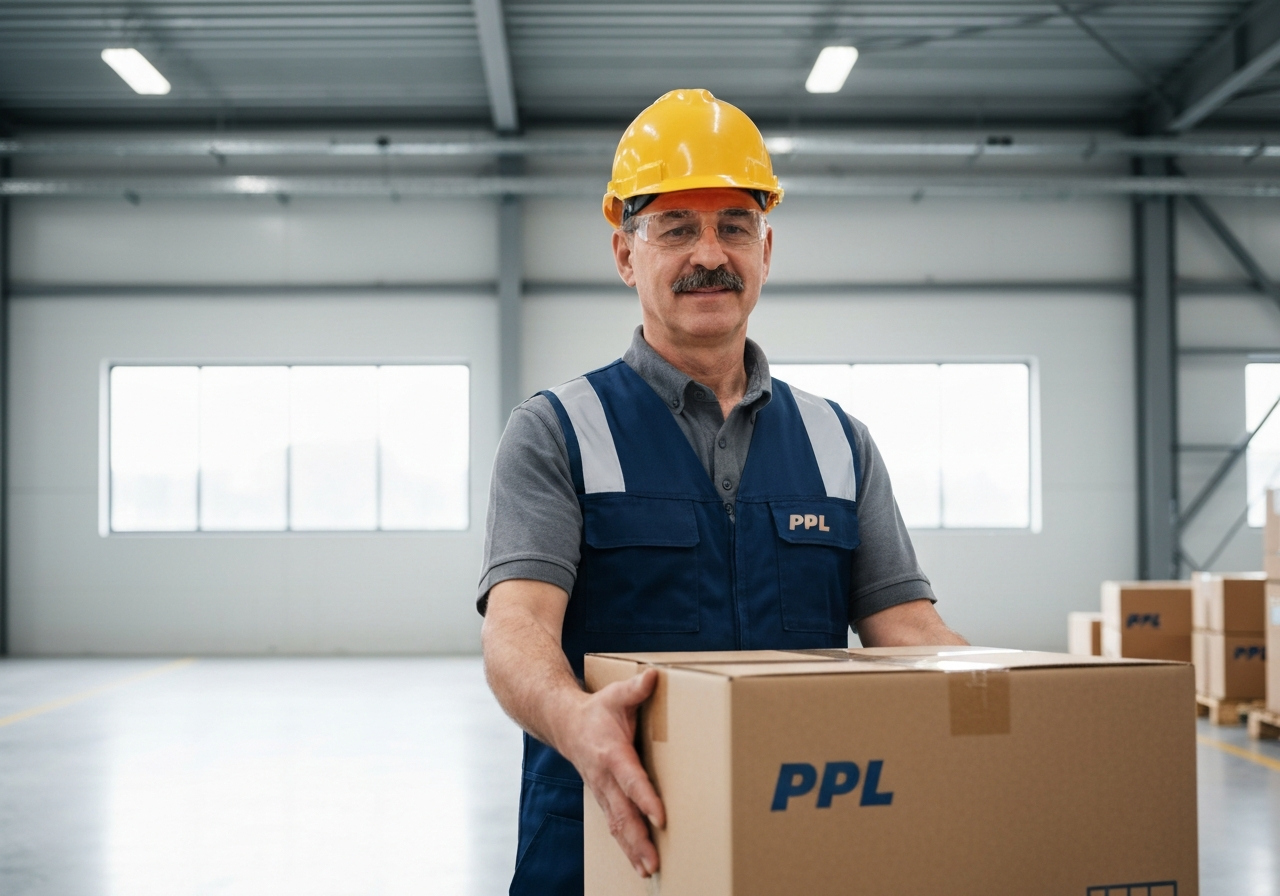 A professional logistics worker handling a branded PPL cardboard box in a clean, modern high-tech warehouse, soft natural lighting, industrial minimalist aesthetic, 85mm lens, highly detailed, no text, no words, no letters.