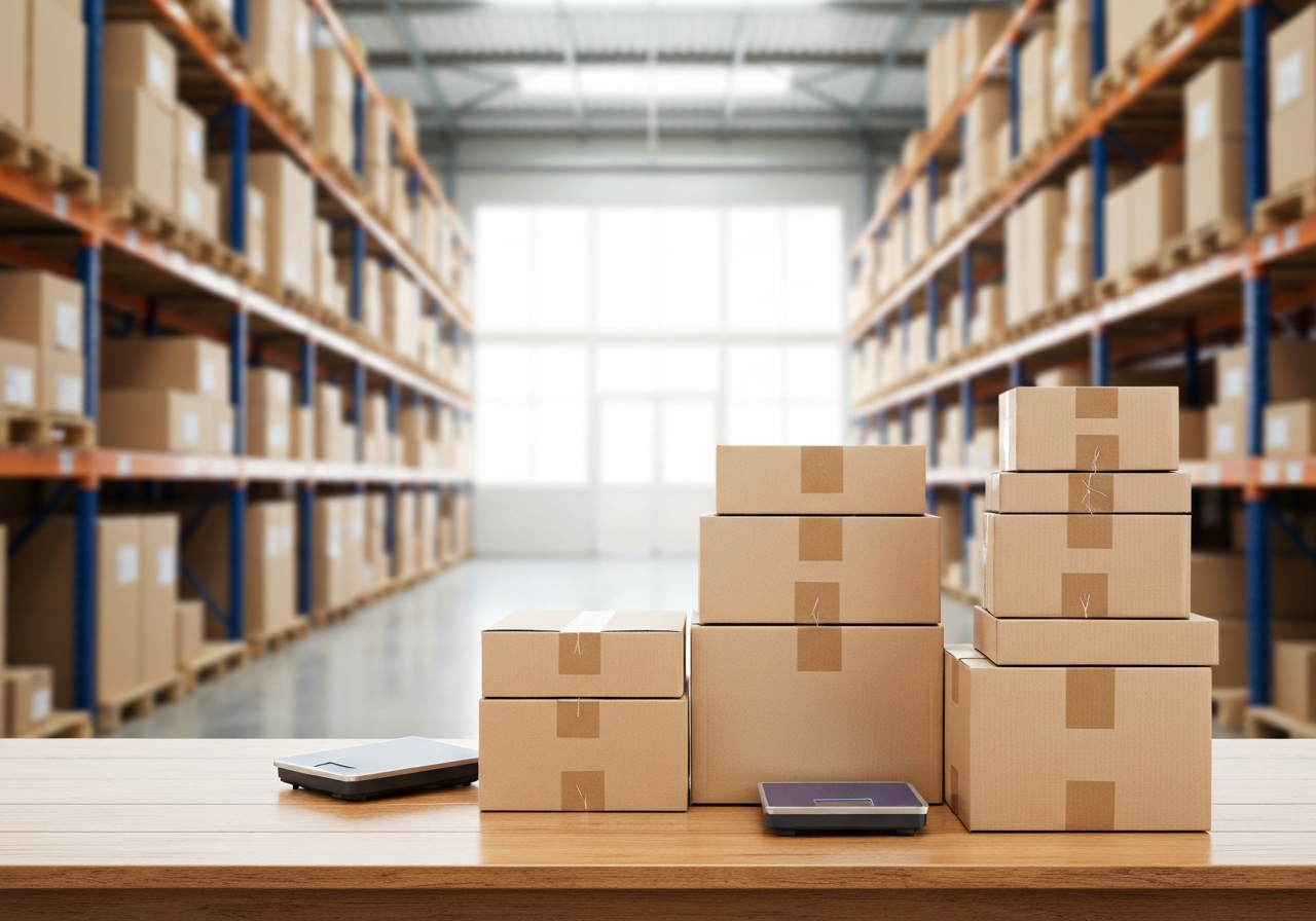 A professional logistics warehouse interior with stacks of cardboard shipping boxes of various sizes, scales and measuring tapes on a clean wooden table in the foreground, bright natural lighting, professional photography, shallow depth of field, 85mm lens, no text, no words, no letters