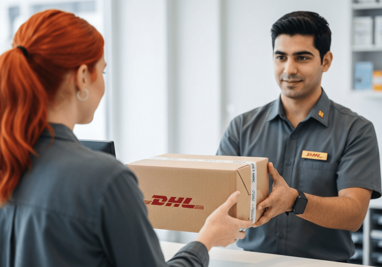 DHL vrácení zásilky: Rychlý návod (za 2 minuty) 3 A close-up of a person handing a neatly packed cardboard parcel to a professional clerk at a modern, clean DHL Parcelshop counter, professional service environment, editorial photography, soft natural light, 85mm lens, highly detailed, no text, no words, no letters