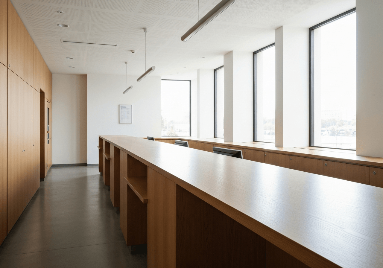 A professional, modern post office interior, clean wooden counters, soft natural light streaming through large windows, editorial photography style, 85mm lens, high resolution, minimalist aesthetic, no text, no words