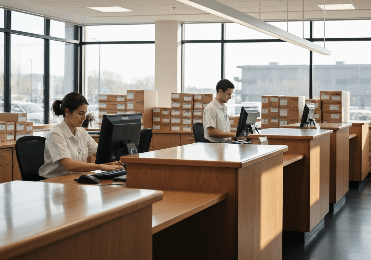 A professional, modern post office interior, clean wooden counters, organized shipping boxes stacked neatly in the background, soft natural sunlight entering through large windows, editorial photography, 85mm lens, high quality, no text, no letters