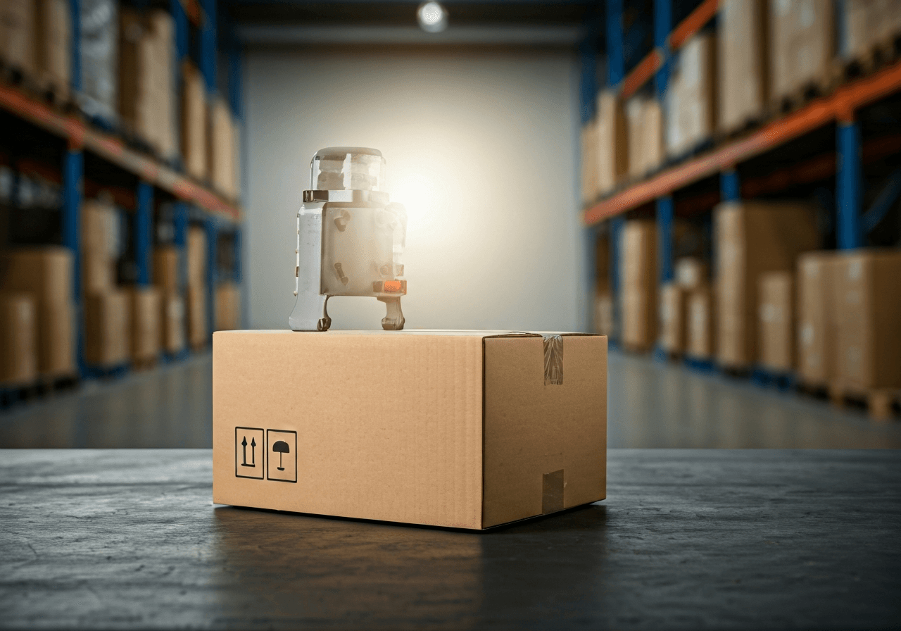 A professional logistics warehouse with cardboard boxes, focusing on customs documentation and labels, modern industrial interior, clean composition, editorial photography, soft natural light, 85mm lens, no text, no words, no letters.