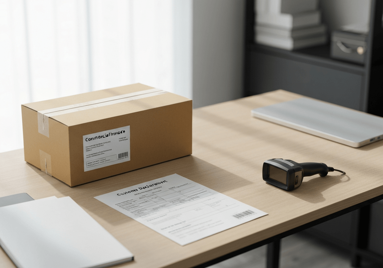 A professional logistics office desk with a neatly packed cardboard box, a commercial invoice document, a customs declaration form, and a barcode scanner, modern clean aesthetic, editorial photography, soft natural light, 85mm lens, highly detailed, no text, no words, no letters.
