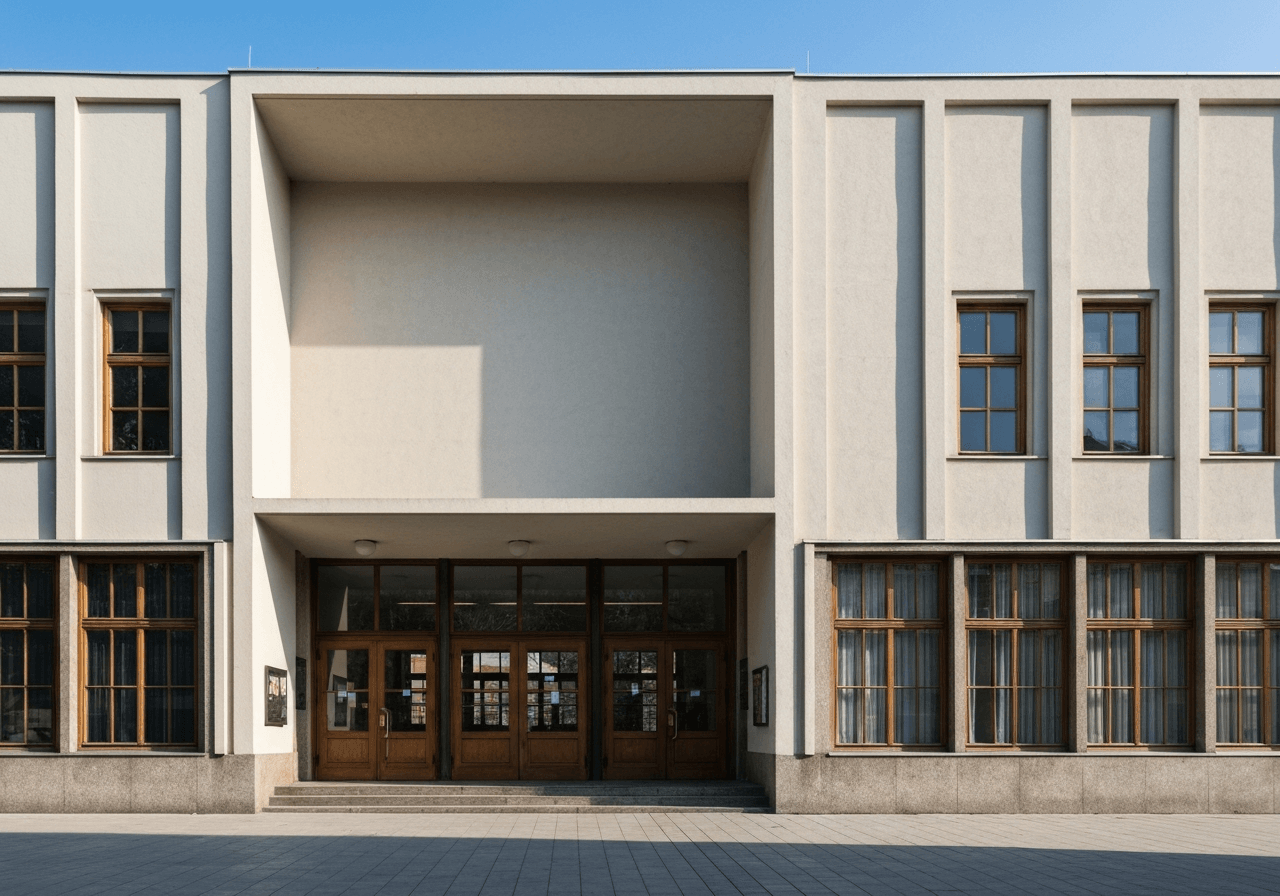 Architectural shot of the historic functionalist Nádražní pošta in Brno, clean geometric lines, modernist aesthetics, soft natural light, 85mm lens, high quality editorial photography, no text, no letters