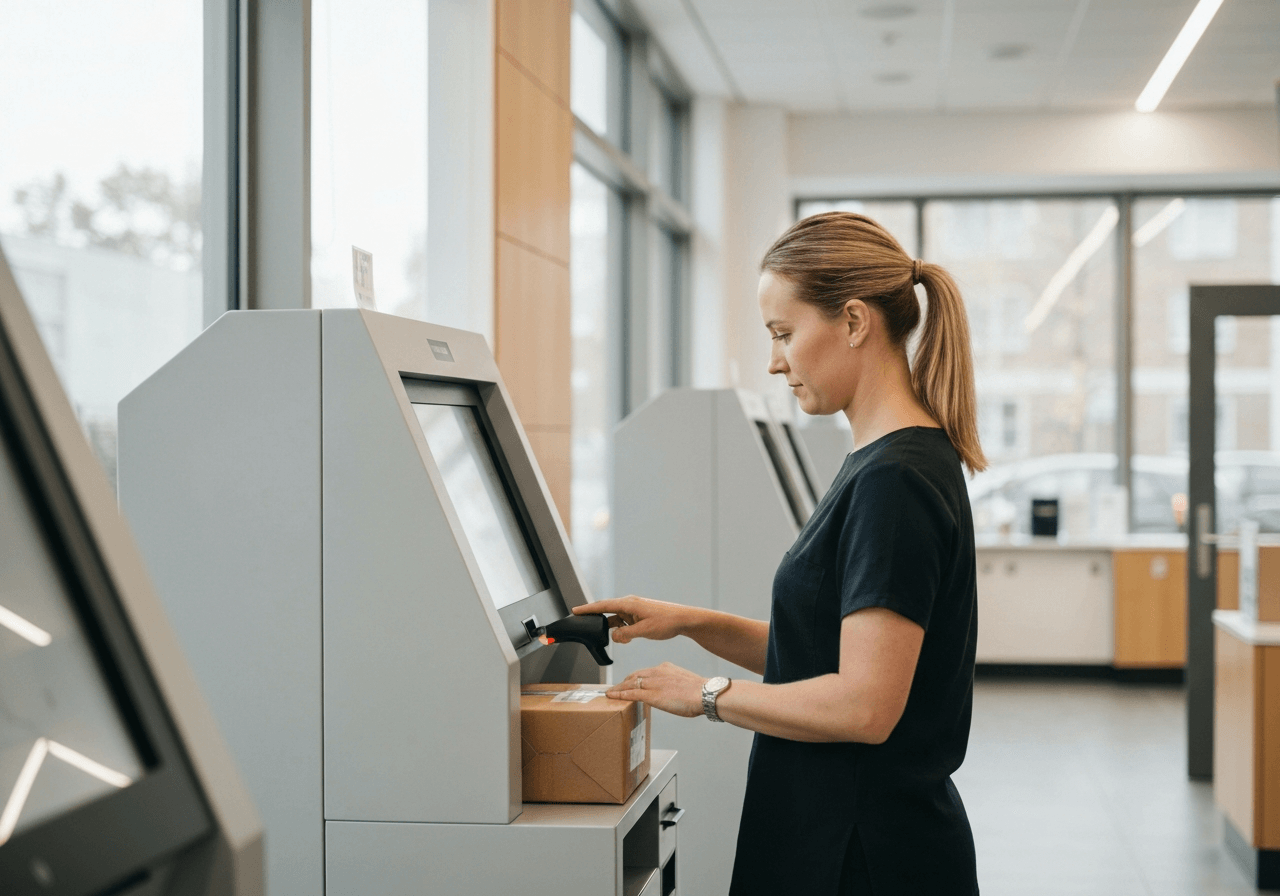 A professional person scanning a package at a modern self-service kiosk, clean minimalist post office interior, bright atmosphere, editorial photography, 85mm lens, soft natural lighting, high resolution, no text, no letters.