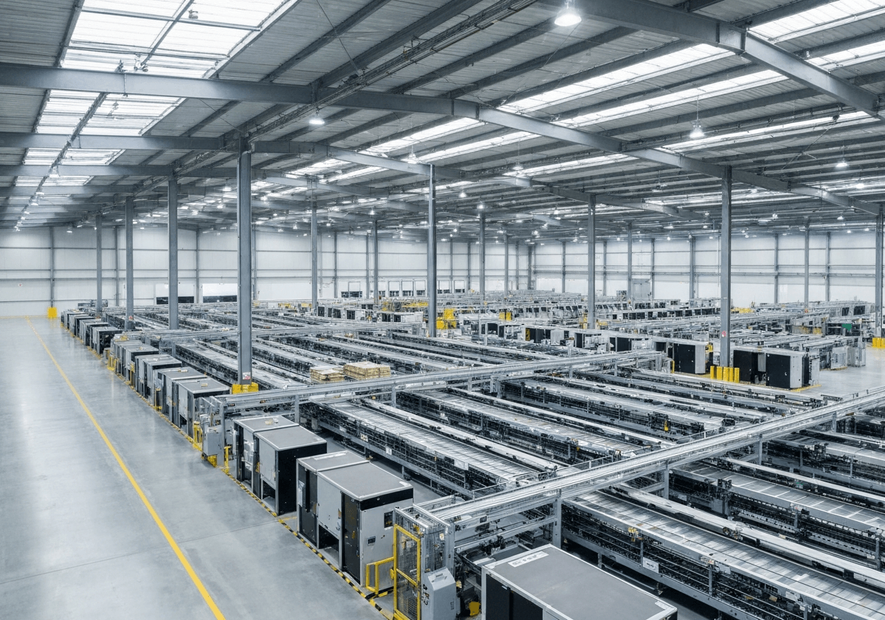 Aerial view of a modern logistics warehouse with automated sorting systems, clean industrial environment, editorial photography, soft natural light, 85mm lens, highly detailed, no text, no letters