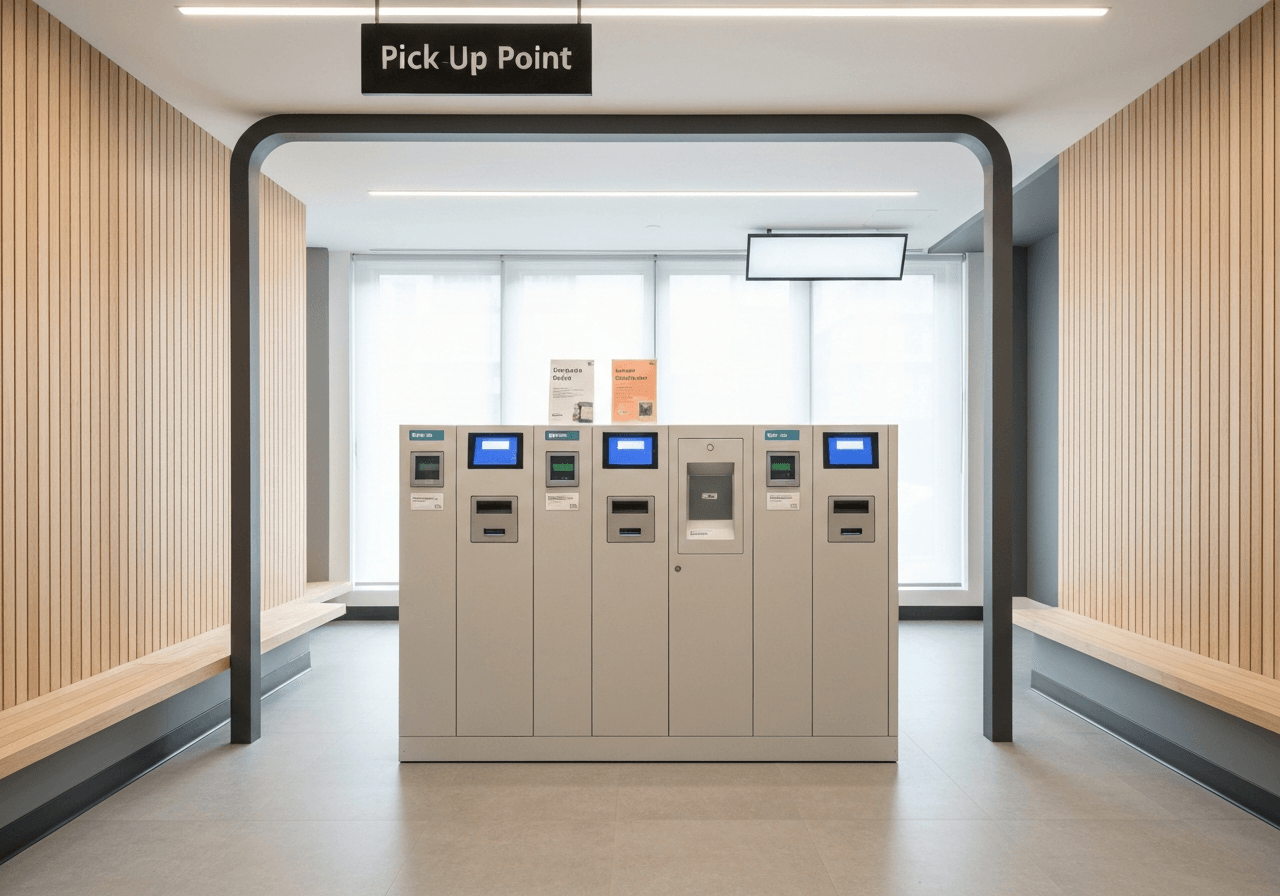 A modern, minimalist parcel pick-up point interior, clean lines, professional aesthetic, soft natural light, depth of field, 85mm lens, high resolution, editorial photography style, no text, no words, no letters.