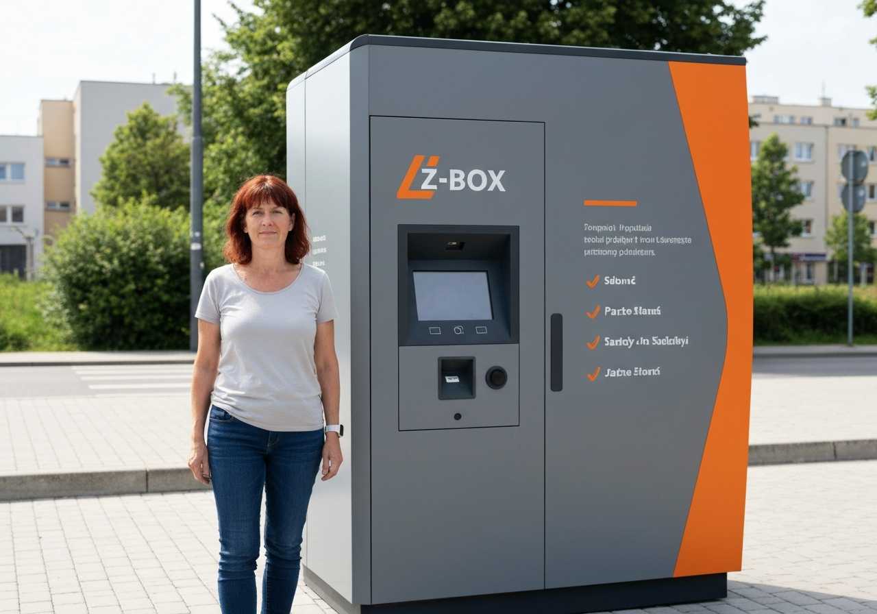 A person standing in front of a modern, sleek Z-BOX parcel terminal in Jablonec, urban outdoor setting, soft natural daylight, shallow depth of field, 85mm lens, professional editorial aesthetic, no text, no letters.