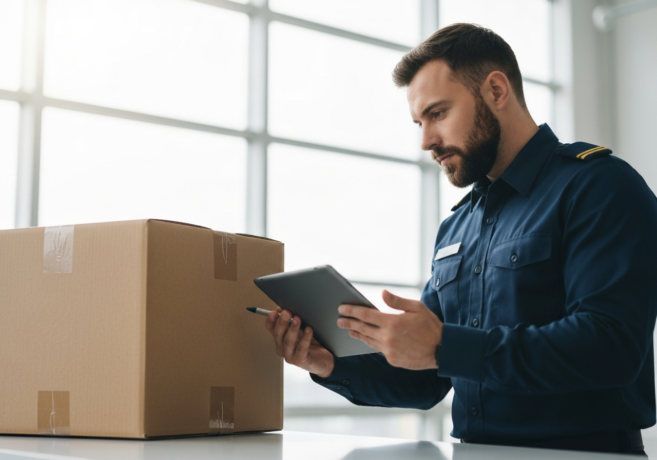 A high-end editorial shot of a sleek, modern cardboard shipping box being inspected at a sterile, bright customs facility. Professional customs officer in the background with a tablet, soft natural light, shallow depth of field, 85mm lens, premium logistics aesthetic, no text, no words, no letters.