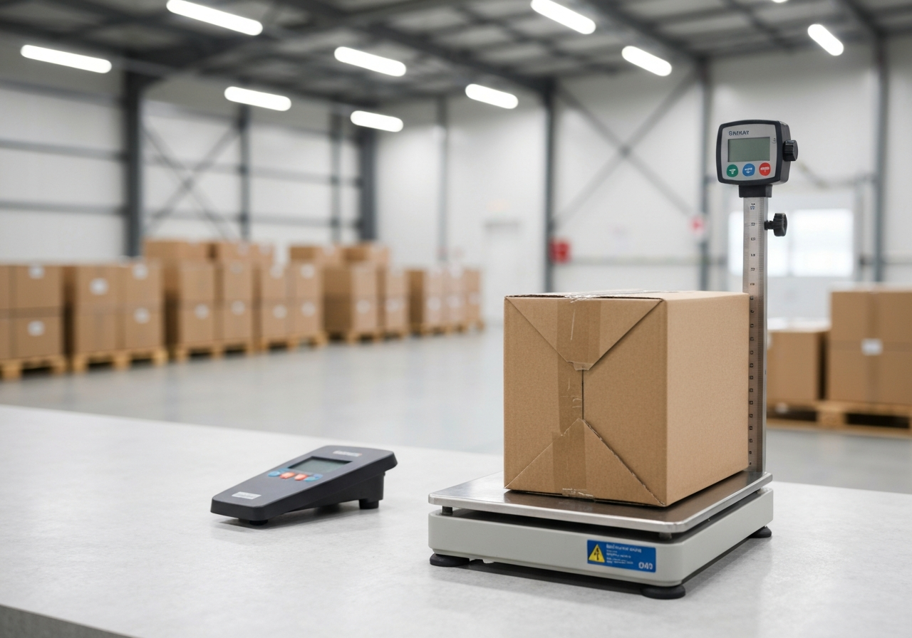 A professional logistics warehouse setting with a measurement device and a cardboard parcel on a scale, clean minimalist background, soft natural lighting, editorial photography style, 85mm lens, high resolution, no text, no words, no letters.