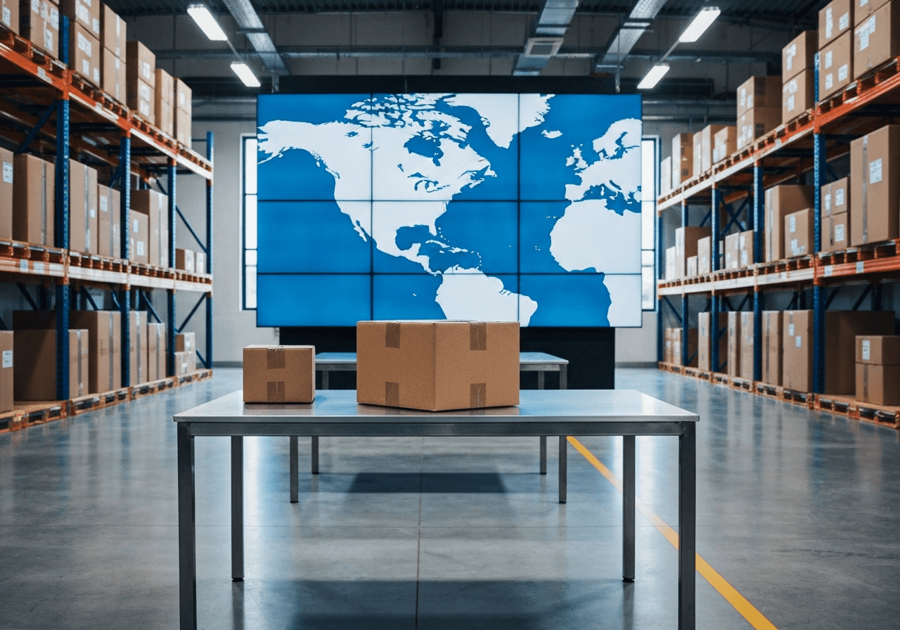 A professional logistics warehouse setting with a map of North America on a screen in the background, a cardboard parcel on a sleek metallic table, modern, clean, editorial photography, premium, soft natural light, 85mm lens, high detail, no text, no words, no letters.