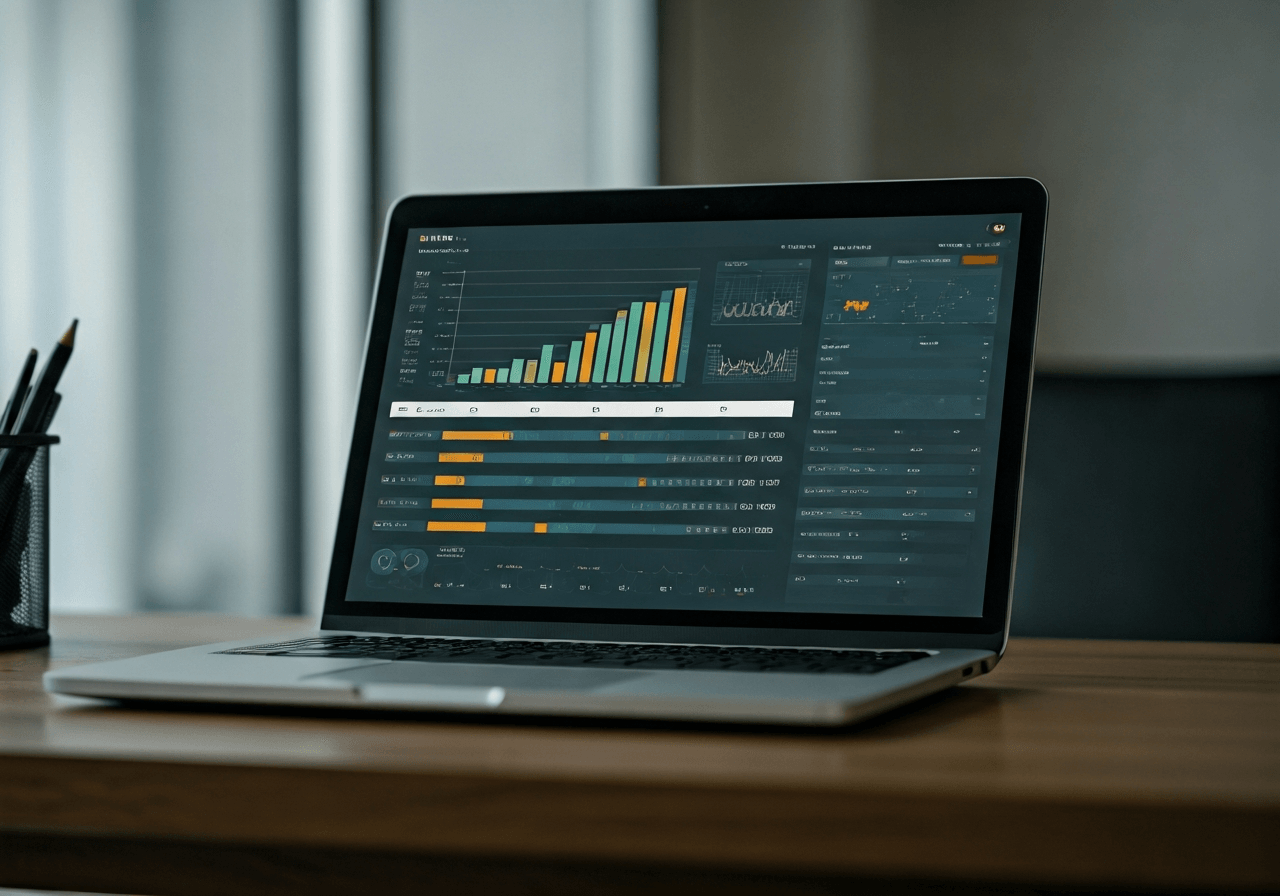 A professional logistics desk with a high-end laptop displaying a complex shipping dashboard with real-time graphs, a clean modern office background, editorial photography, 85mm lens, soft natural lighting, no text, no letters.