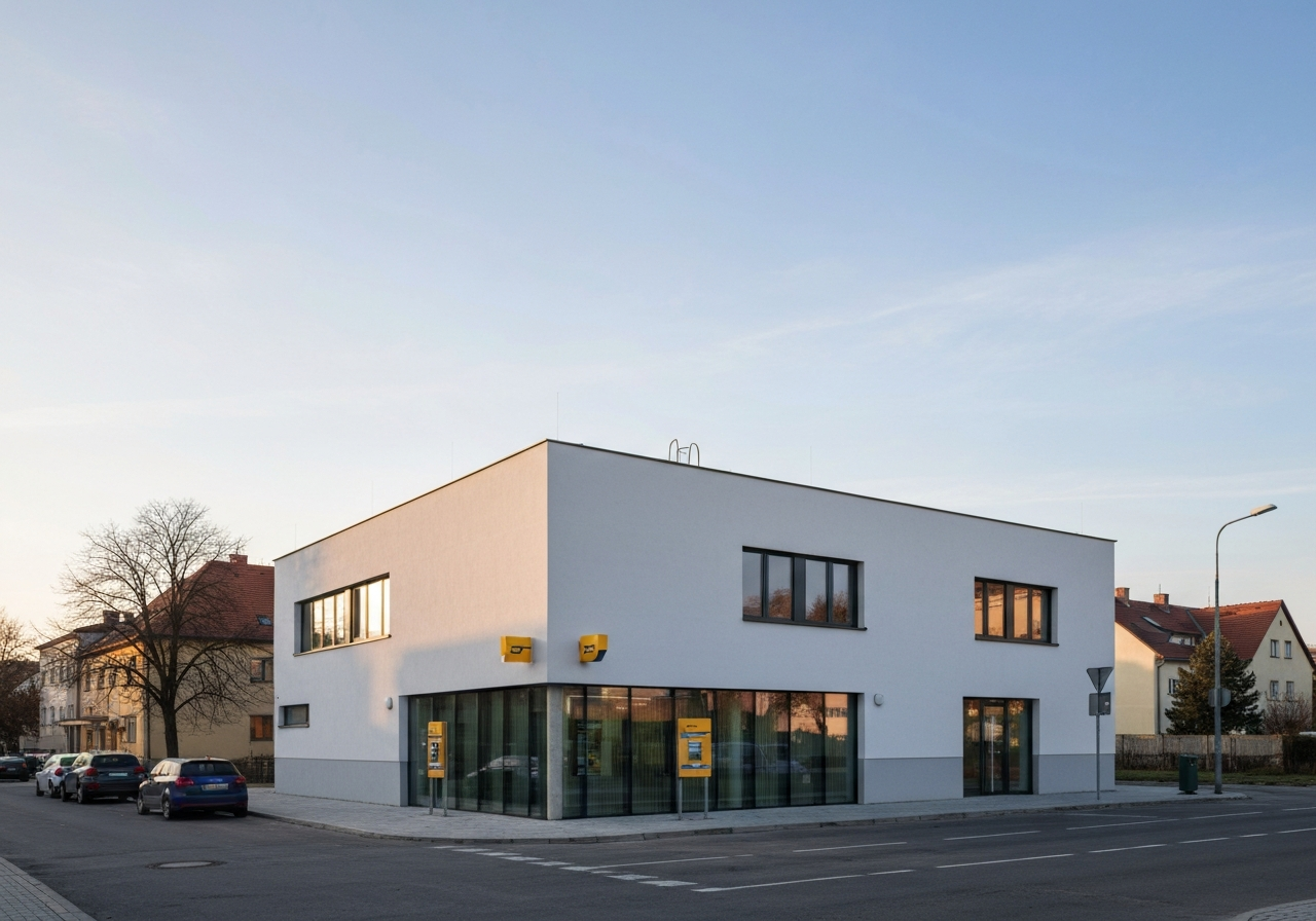 Exterior view of a modern post office branch building in Zábřeh, clean architectural lines, quiet urban surroundings, soft natural light, 85mm lens, high resolution, no text, no words, no letters