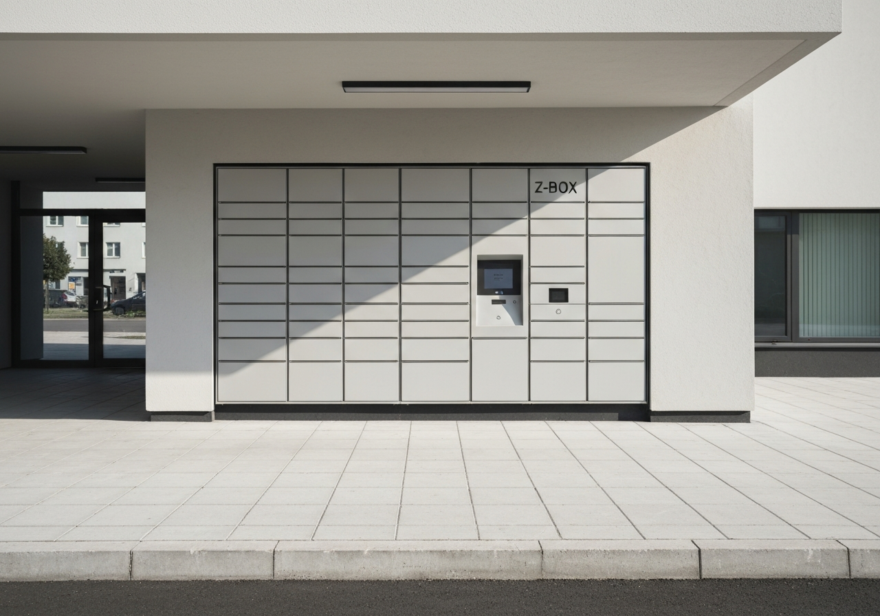A sleek, modern Z-BOX automated parcel locker station in a clean urban environment of Zábřeh, minimalist design, editorial photography, soft natural light, 85mm lens, high resolution, no text, no words, no letters.