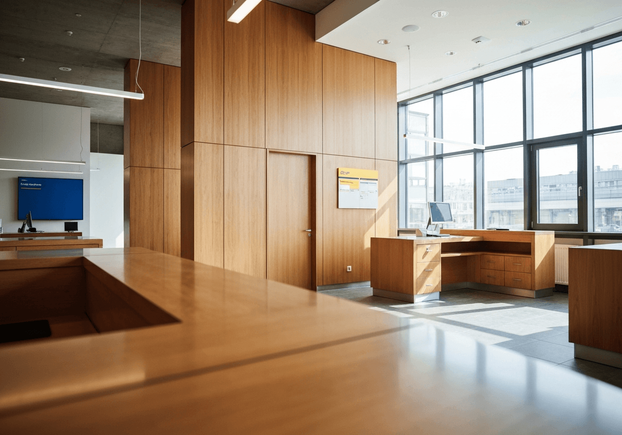 Editorial photography, modern and clean Czech post office interior, warm wooden details, bright natural light coming through windows, 85mm lens, high quality, no text, no words, no letters