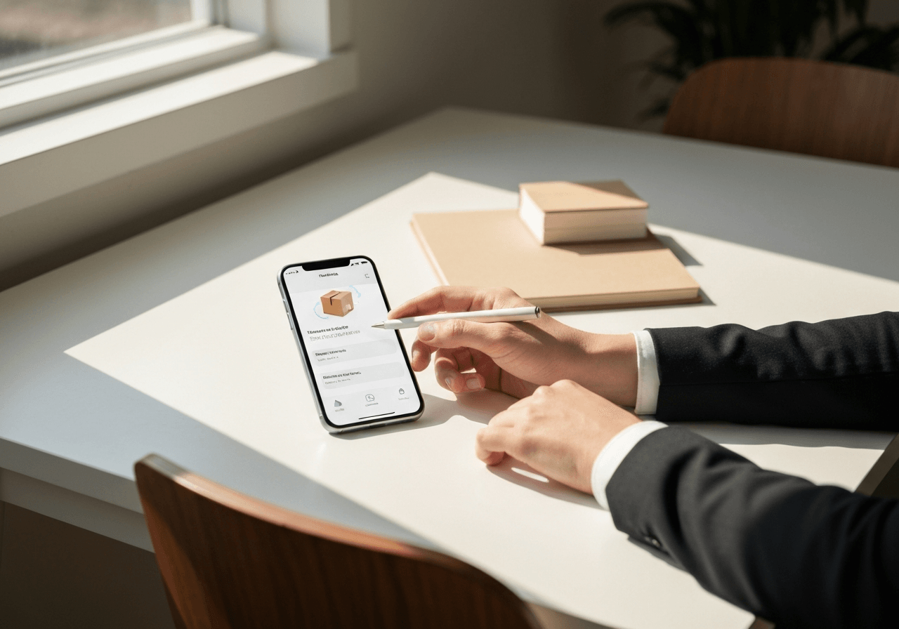 A professional desk setup with a smartphone displaying a package tracking app, minimalist aesthetic, warm natural sunlight streaming through a window, premium editorial photography, 85mm lens, high resolution, no text, no words, no letters.