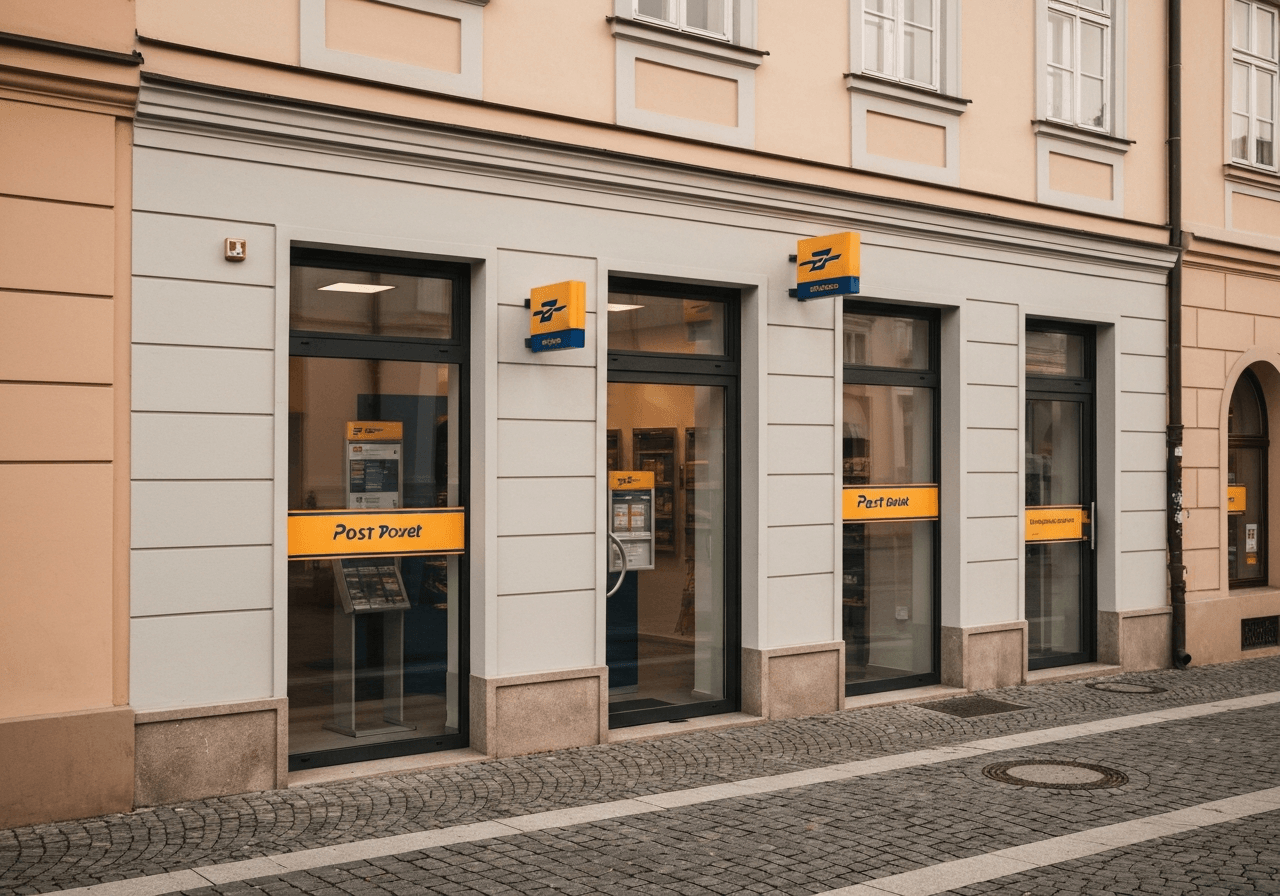 A professional, modern post office storefront in a historic Czech town setting, clean architectural lines, soft natural daylight, cinematic editorial photography, 85mm lens, high resolution, no text, no letters