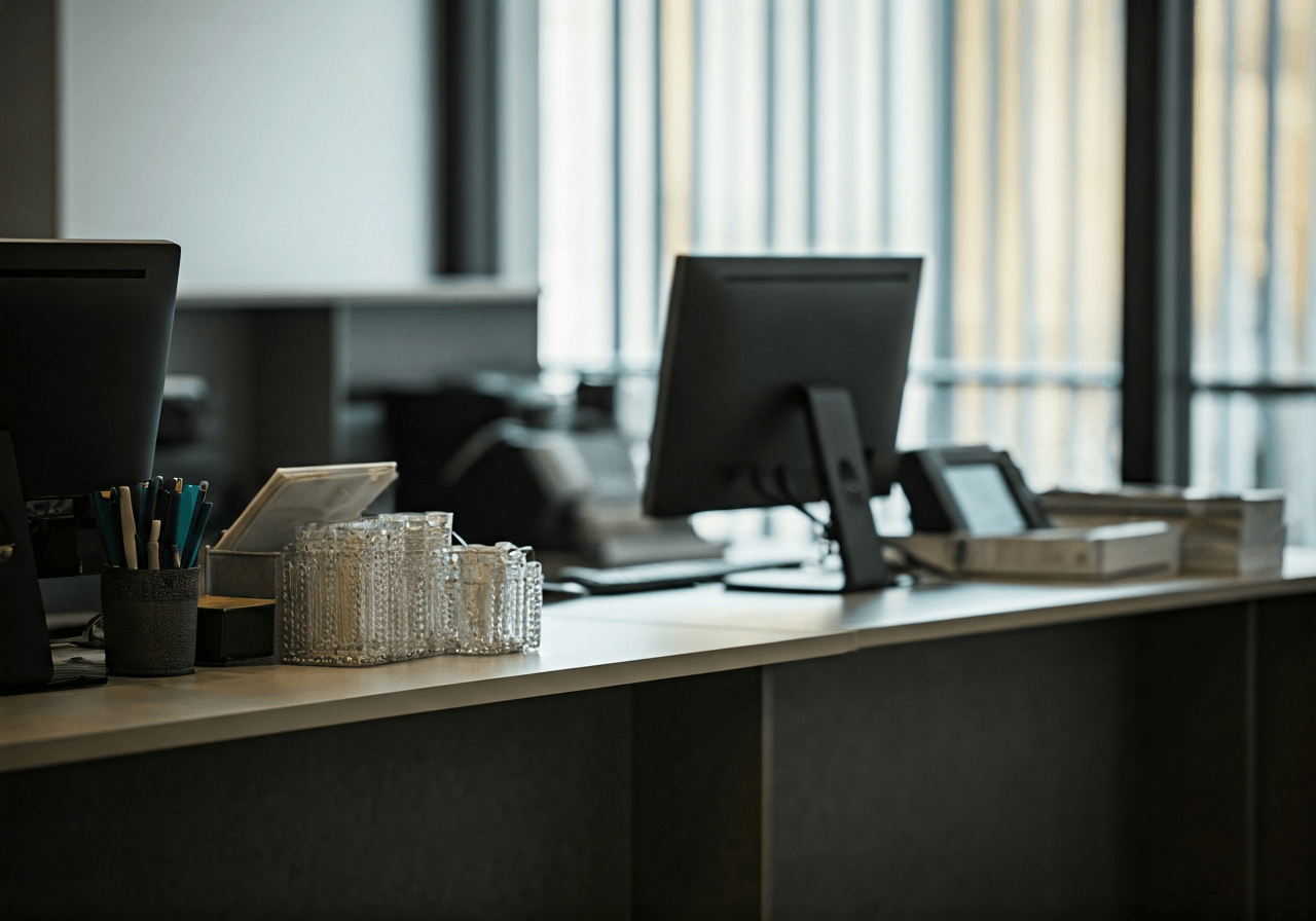 A clean, professional shot of a modern post office counter with organized paperwork and digital terminals, bright office interior, editorial photography style, soft natural light, 85mm lens, high quality, no text, no words, no letters